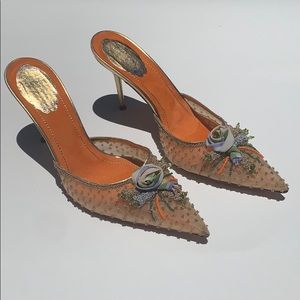 Reneé Caovilla gold floral beaded evening heels